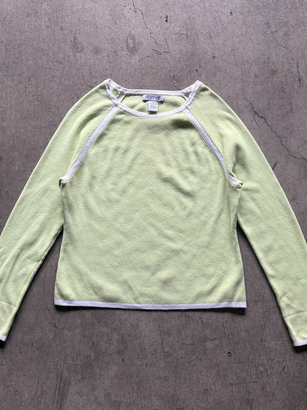 Paraphrase - Soft Green Raglan Sweater with Pink Trim - Size L